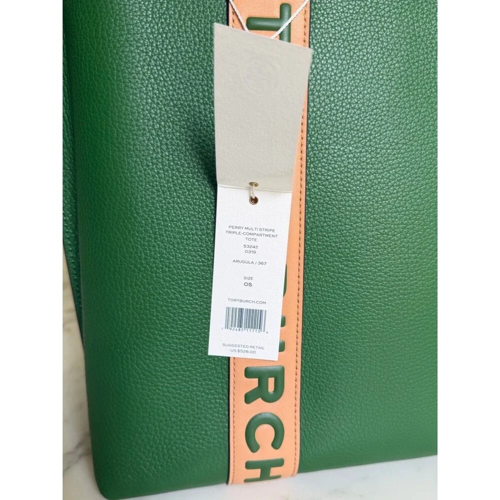 NWT Tory Burch Perry Multi Stripe Leather Triple Compartment Tote Arugula Green